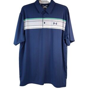 Under Armour Heatgear Men's Polo Shirt Large Loose Fit Gray Green Chest Stripes